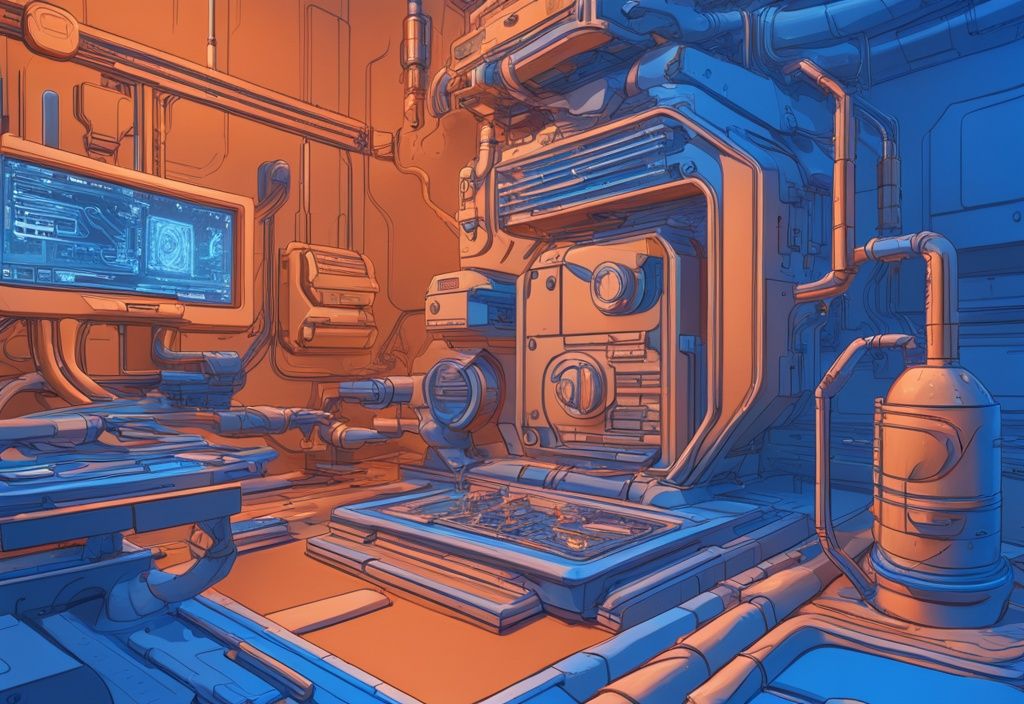 Futuristische digitale Illustration in elektrischen Blau mit 3D-Modell, das von PrusaSlicer-Software auf einem Computerbildschirm verarbeitet wird.