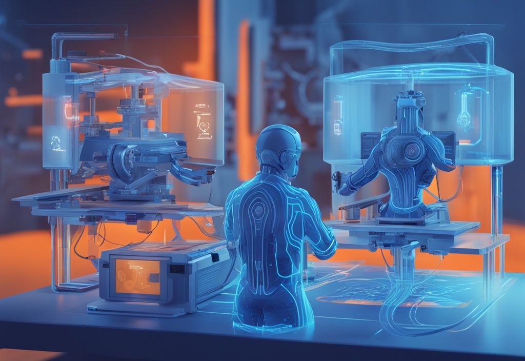 Futuristische digitale Illustration in elektrischen Blau-Tönen, zwei 3D-Drucker nebeneinander in Betrieb, einer mit MSLA-Technologie und der andere mit SLA, detaillierte Infografik zur Unterscheidung der Punkte rund um beide Drucker, MSLA vs SLA 3D Druck.