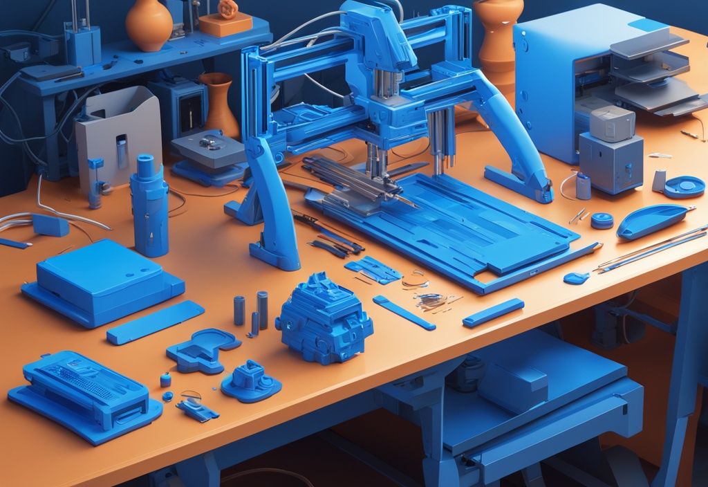 Futuristische digitale Illustration in elektrischen Blau, 3D-Drucker-Komponenten auf einer Werkbank zum 3D Drucker selber bauen.