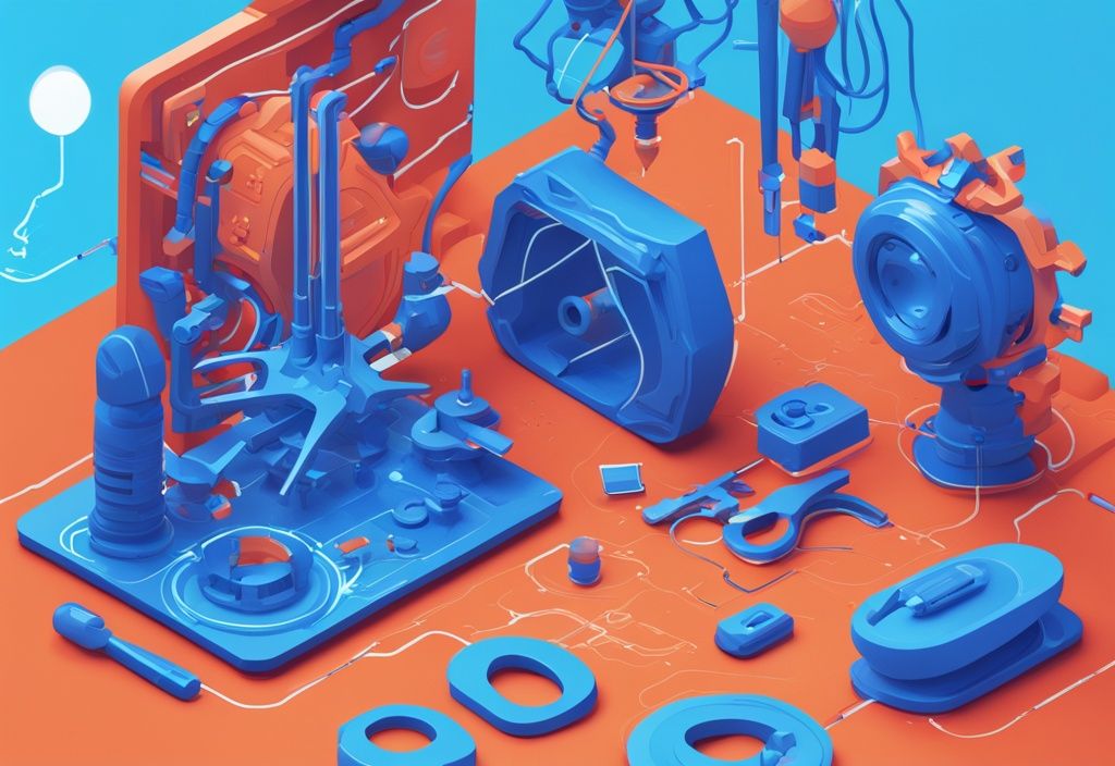 Futuristisches digitales Gemälde in elektrischen Blau-Tönen, das einen dynamischen 3D-Designprozess auf der Tinkercad-Oberfläche zeigt und die Tinkercad Erfahrungen des Nutzers illustriert.