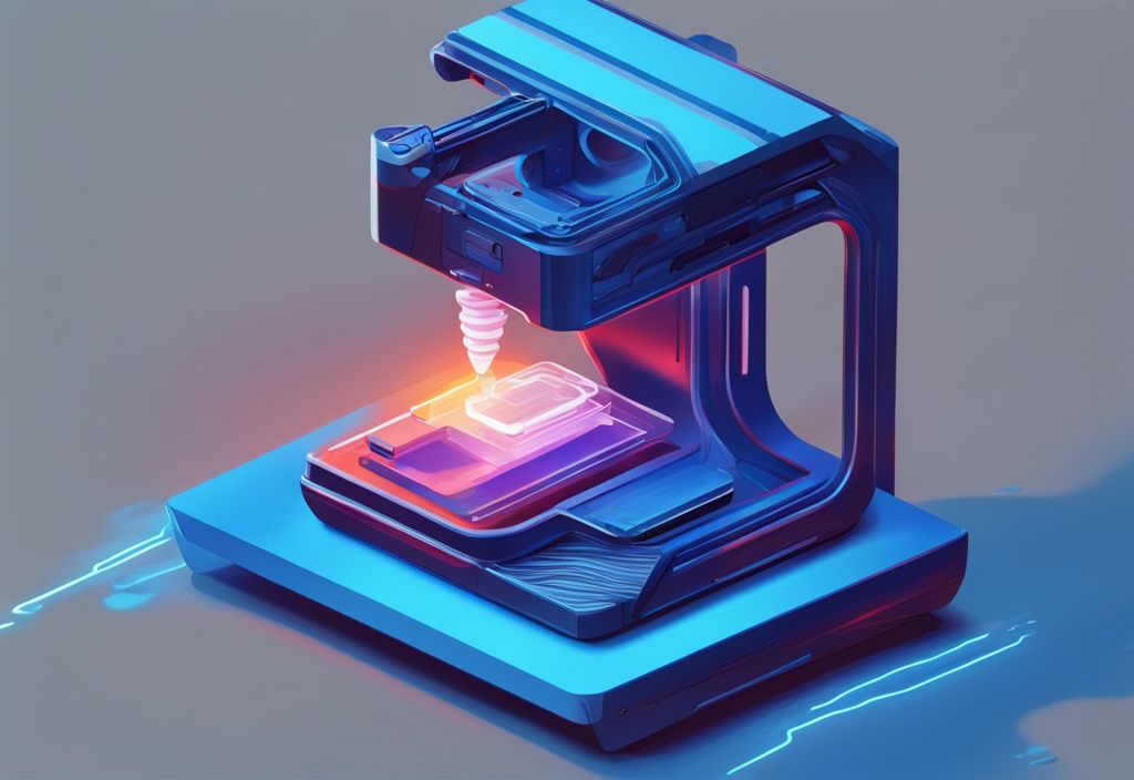 Futuristische digitale Illustration eines 3D-Druckers in Blau, der ein Objekt mit verzogenen Ecken druckt.