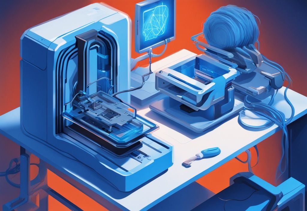 Futuristische digitale Illustration eines 3D-Druckers, der ein Objekt in elektrischen Blautönen druckt, mit sichtbaren Verformungen an den Ecken.