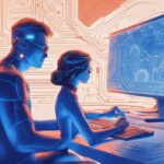 Futuristische digitale Illustration in elektrischen Blau, Mann und Frau sitzen vor einem Computer und verwenden das Vectary 3D-Design-Tool, Vectary Erfahrungen