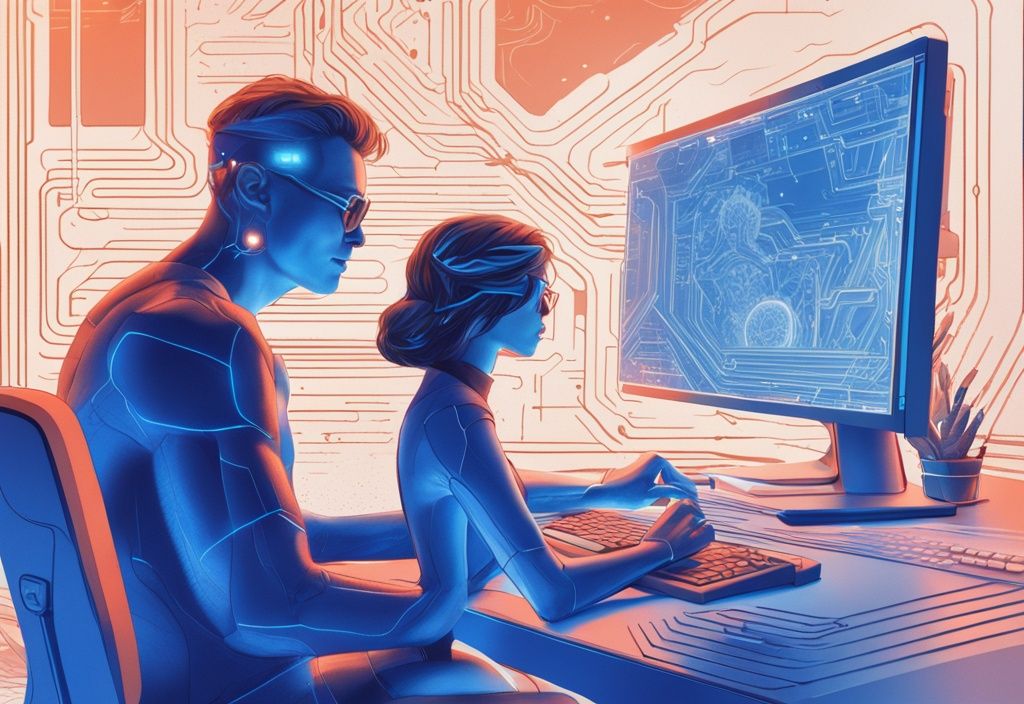 Futuristische digitale Illustration in elektrischen Blau, Mann und Frau sitzen vor einem Computer und verwenden das Vectary 3D-Design-Tool, Vectary Erfahrungen