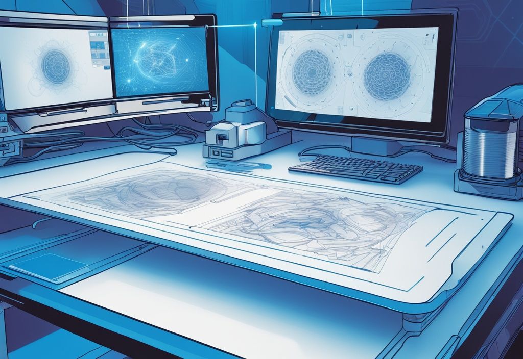 Futuristische digitale Illustration in elektrischen Blau, Nahaufnahme eines Computerbildschirms mit 3D-Modell in Lasergravur-Software, Lasergravurmaschine im Hintergrund.