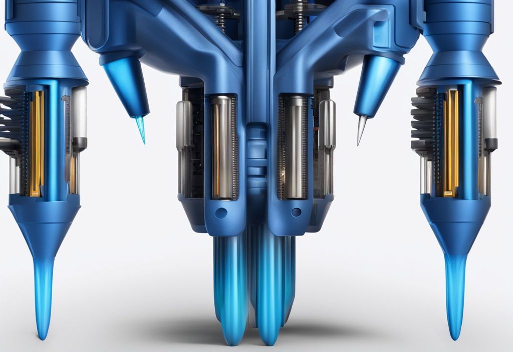 Futuristische digitale Illustration mit 3D Drucker Düsen Unterschied, die verschiedene Arten von 3D-Druckerdüsen in elektrischen Blautönen zeigt, um ihre einzigartigen Merkmale und Unterschiede hervorzuheben.