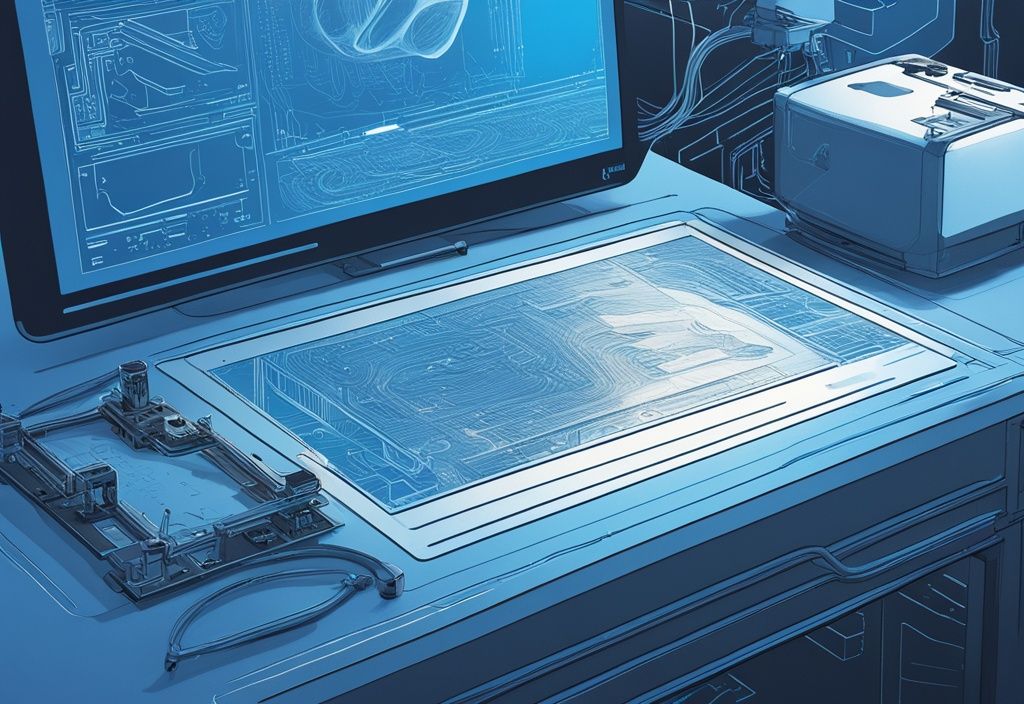 Futuristisches digitales Gemälde in elektrischen Blau mit Nahaufnahme eines Computerbildschirms, der ein 3D-Modell in einer Lasergravier-Software zeigt, und einer Lasergraviermaschine im Hintergrund.