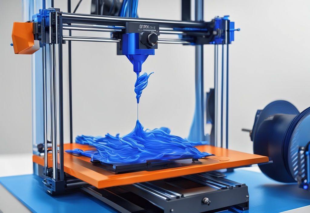 Futuristisches digitales Gemälde mit elektrischen Blautönen, das einen 3D-Drucker in Aktion zeigt, mit Nahaufnahme der Extruderdüse, die die 3D Drucker Feed Rate des Filaments veranschaulicht.